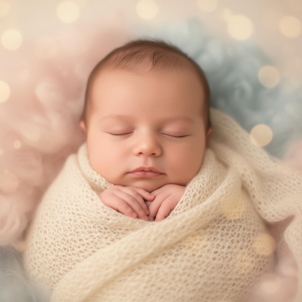 A peaceful sleeping newborn wrapped in a soft cream blanket